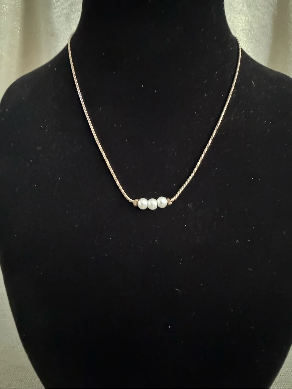 Gold Tone Chain Necklace with Three White Pearl Beads